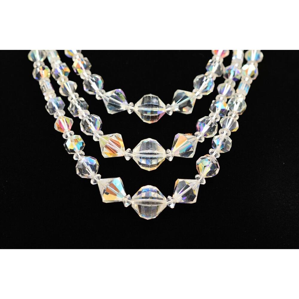 Vintage Crystal Beaded Necklace Chunky Aurora Borealis Triple Layered Bin4B
